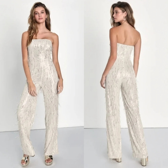 Lulu's Endless Glow Silver Sequin Strapless Mesh Jumpsuit L Wedding Party Guest - Picture 1 of 10